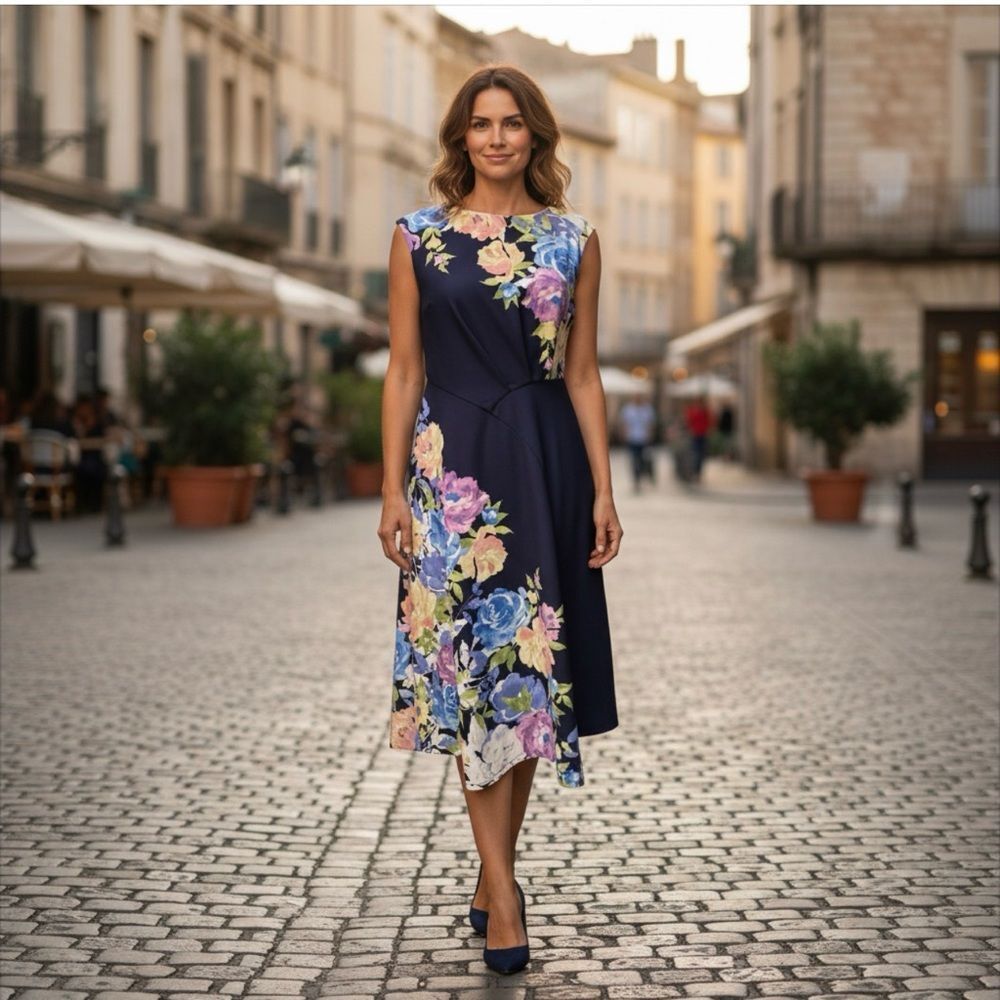 London Style Navy Floral A-Line Midi Dress